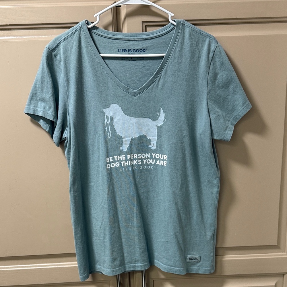 Life Is Good Women's Short Sleeve V-Neck Tee in Teal with White Dog Graphic